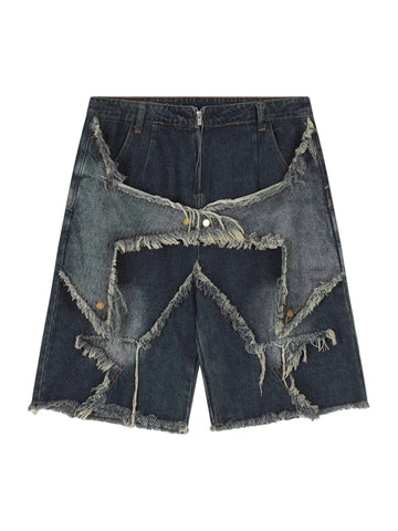 American Pentagram Tassel Patch Denim Shorts - 1681