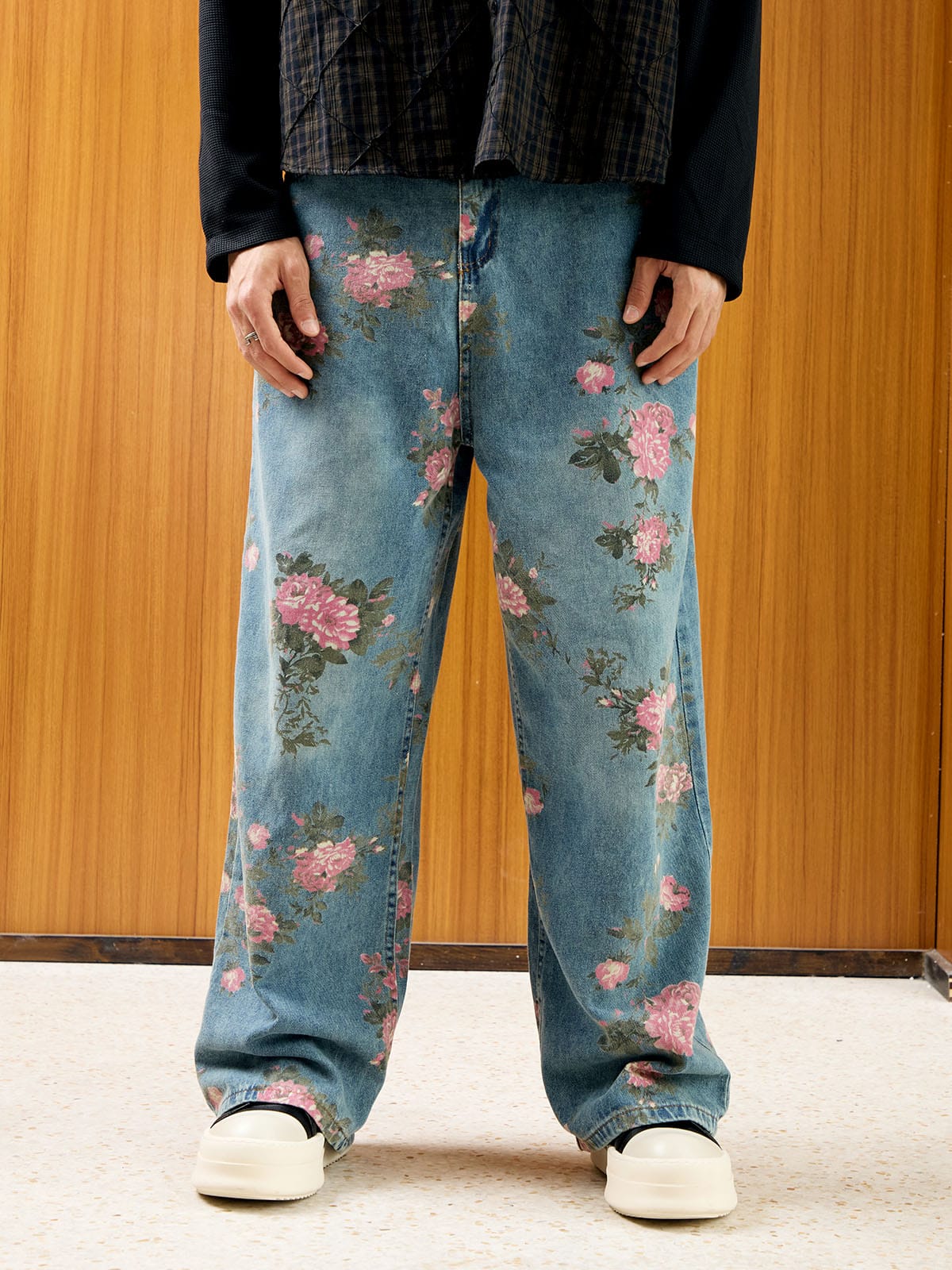 Floral Print Straight Jeans