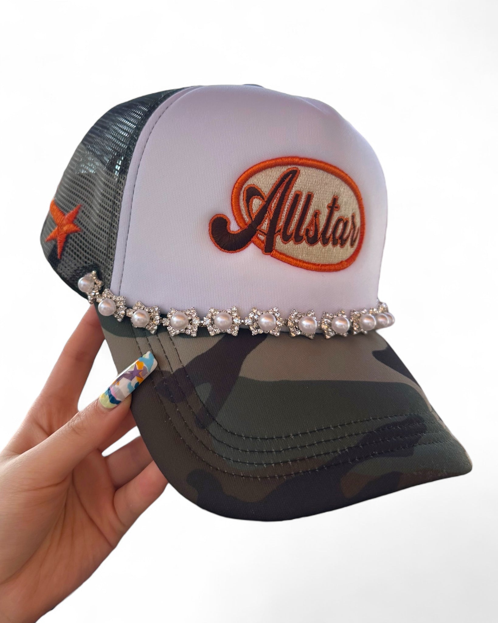 RETRO® “ALLSTAR” Pearl Drip Snapback – Green Camo, Pink & Baby Blue w/ Chain Detail
