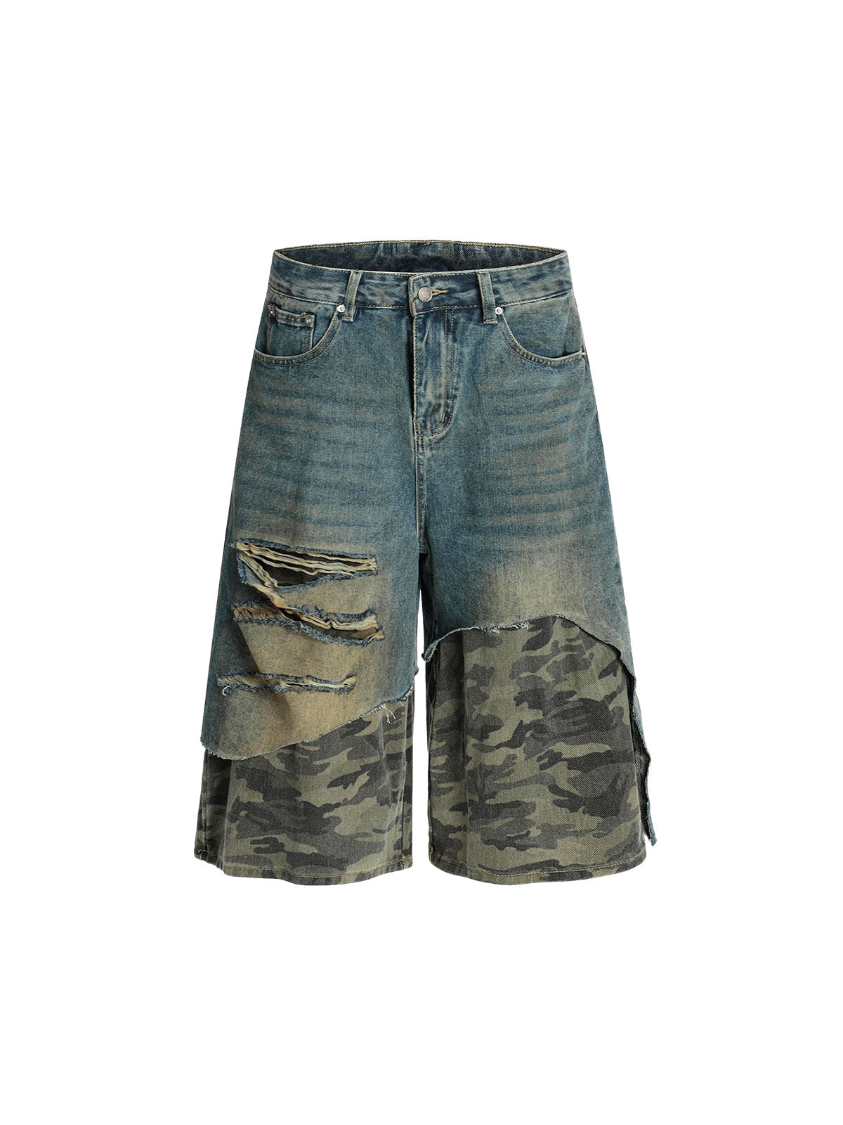 Distressed Camouflage Hem Denim Shorts