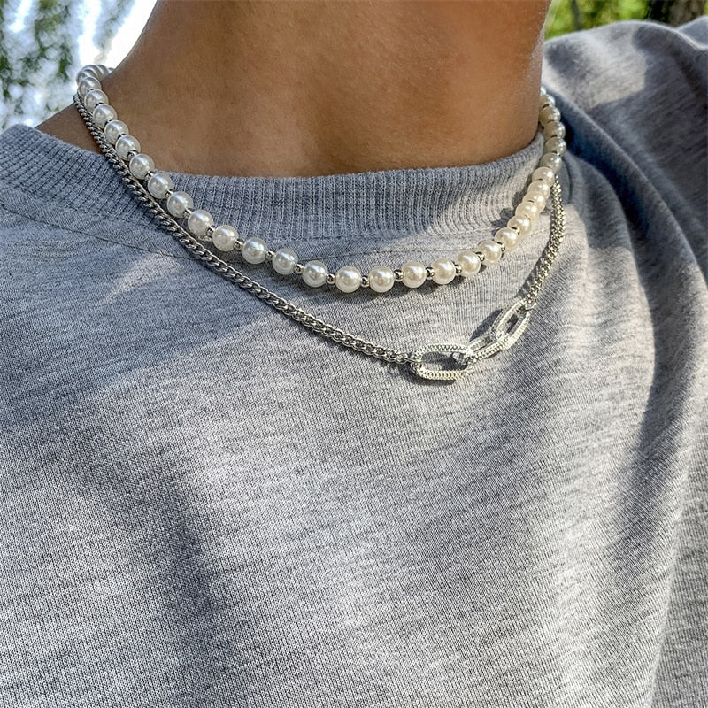 Real Retro World - Double Pearl Curb Chain Necklace