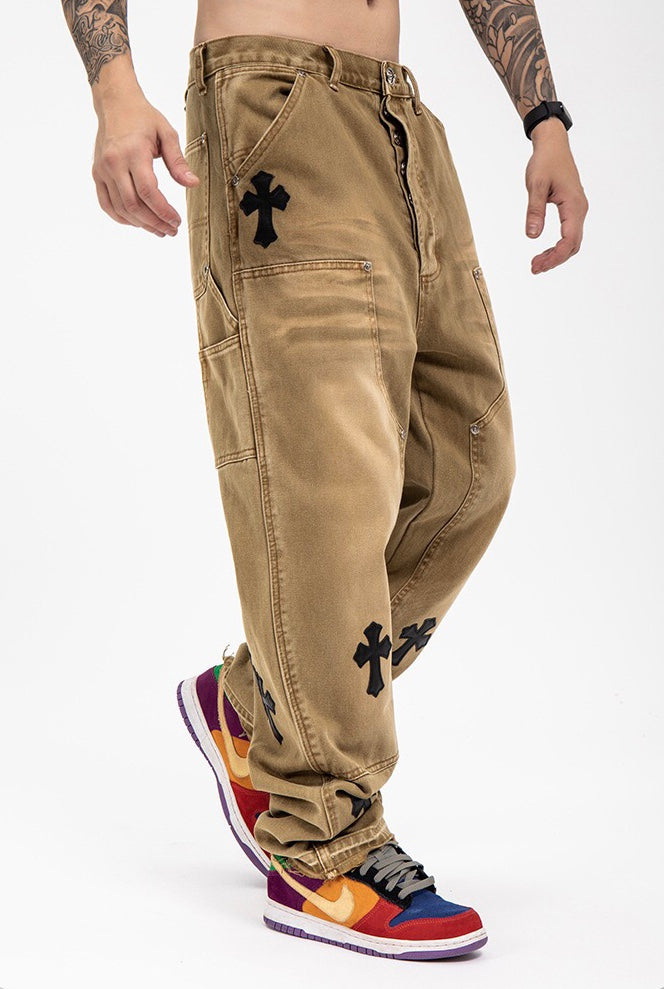 Real Retro World - Leather Cross Embroidered Brown Jeans
