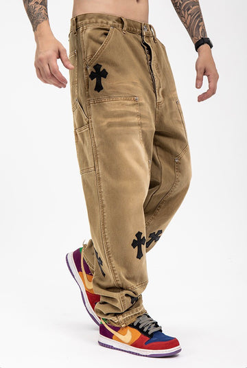 Real Retro World - Leather Cross Embroidered Brown Jeans