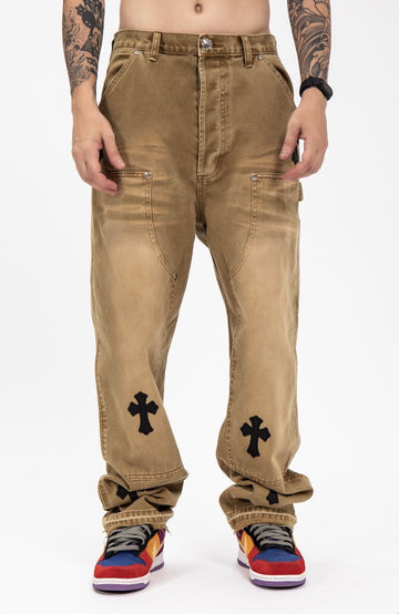 Real Retro World - Leather Cross Embroidered Brown Jeans