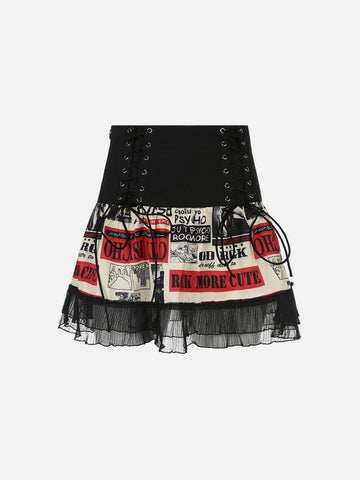 Real Retro World - Newspaper Print Tie Lace Skirt