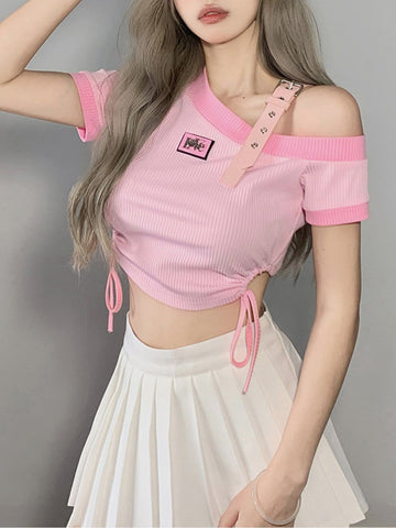 Real Retro World - Irregular Shoulder Strap Short Sleeve T Shirt