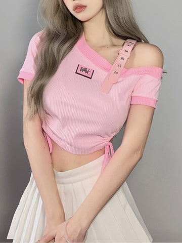 Real Retro World - Irregular Shoulder Strap Short Sleeve T Shirt
